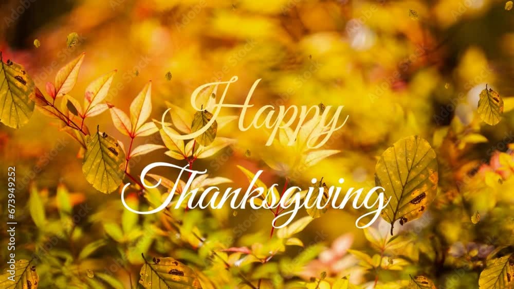 Poster animation of falling leaves and happy thanksgiving text over low angle view of trees against sky