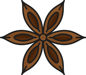 Chinese star anise or badian, dried star-shaped staranise, aniseed spice. Vector anise star aroma seasoning, color spicy condiment outline icon