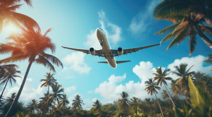 airplane flying over tropical palm trees. clear blue sky vacation time.