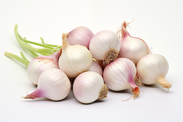 A bunch of pink onions stacked on top of each other on a white background