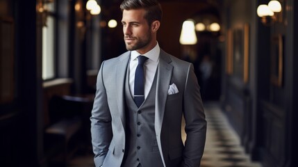 A fashionable man in a tailored suit and tie - obrazy, fototapety, plakaty
