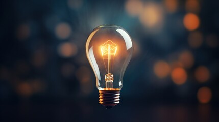 Single light bulb light up at night with blurred background. AI generated image - obrazy, fototapety, plakaty