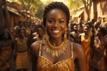 Imagen de mujer africana disfrutando de las fiestas culturales de su comunidad. 