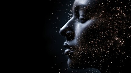 A person's face fading into digital particles, symbolizing the digital self in facial recognition - obrazy, fototapety, plakaty