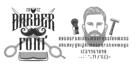 Old barber shop font, vintage type, western elegant typeface, haircut english alphabet. Barbershop vector typography letters and numbers, retro american Wild West abc with mustache, barber scissors - obrazy, fototapety, plakaty