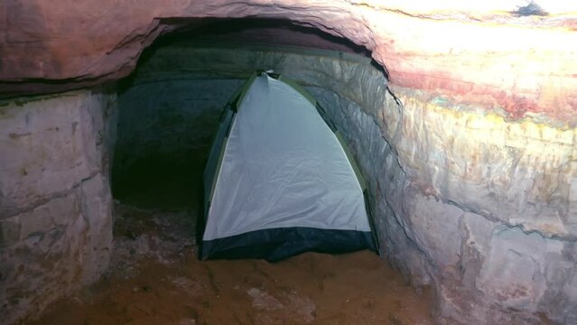 The tent in which the spelunker spent the night (although night underground is a relative concept), underground journey