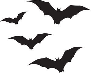 bat vector icon set in flight with black color, silhouette of a bat, vector suitable for design variations, traditional Halloween decorative elements. Halloween silhouettes black , bats - for design d