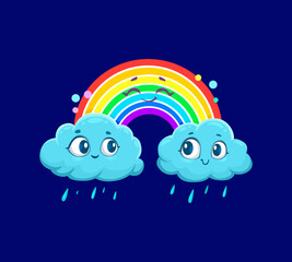 Cartoon cute rainbow weather characters. Vector cheerful, whimsical blue rainy clouds with smiling faces and colorful arch with vibrant hues and mischievous expression personages for the forecast