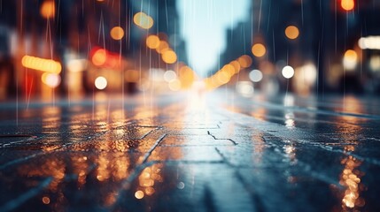 Rainy wet night in the big city, empty road with blur background. AI generated image