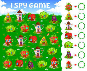 I spy game cartoon fairytale house buildings. Kids vector riddle How many fantasy dwellings on green summer meadow. Strawberry, pear, watering can and apple, cabbage, eggplant or tea cup fairy homes