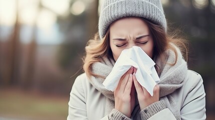 Woman with a runny nose and tissue in hand, symptomatic of a cold
