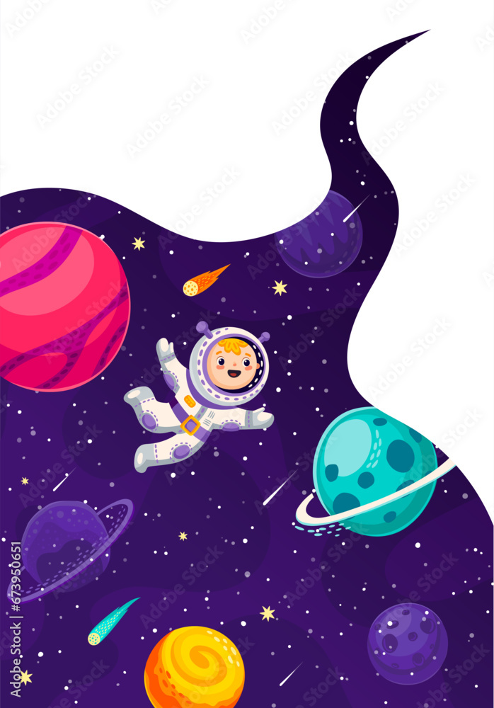Poster cartoon kid spaceman in outer space. galaxy landscape. vector interstellar travel scene with funny a