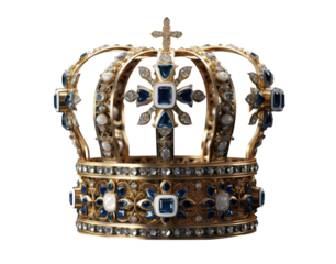 Golden Crown - English Royalty Crown - blue gems - premium pen tool PNG transparent background cutout.