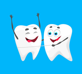 Cartoon tooth characters with dental floss. Oral hygiene, dental care and dentistry childish vector concept with molar teeth cheerful personages or mascots. Enamel health funny character with floss