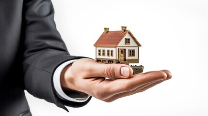 A man real estate agent holding a tiny house and key in white background. AI generated