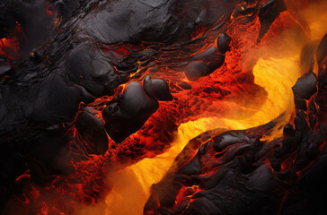 Red Orange vibrant Molten Lava flowing onto grey lavafield and glossy rocky land near hawaiian volcano with vog on background.