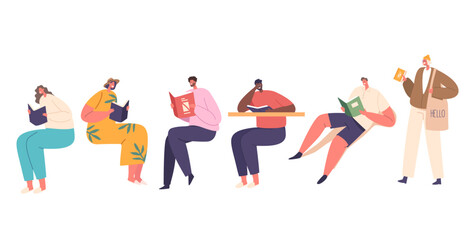 Set of Isolated Male and Female Characters Reading in Library, People Engrossed In Books, Minds Lost In The Pages