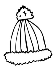 winter hat in black and white doodle style, vector, christmas, isolated on white