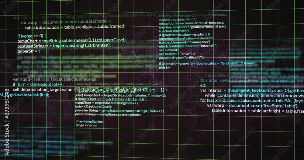 Poster animation of grid pattern and computer language over black background