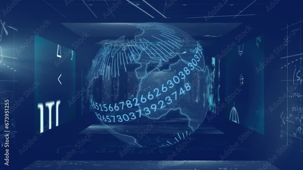 Poster animation of changing numbers in rotating globe, multiple mathematical symbols over black background
