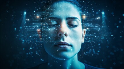 A person's face fading into digital particles, symbolizing the digital self in facial recognition