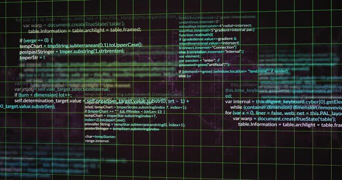 Animation of grid pattern and computer language over black background