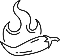 Cayenne long pepper with burning fire isolated spicy chili outline icon. Vector Nahuatl or Thai pepper or cayenne long chilli, spicy vegetarian food