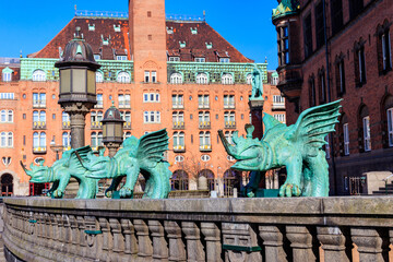 Bronze chimera Dragon figures statues in a front of City Hall in Copenhagen, Denmark