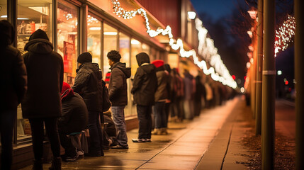 Early Morning Line: People waiting in line outside a store before dawn, eager to start their Black Friday shopping - obrazy, fototapety, plakaty