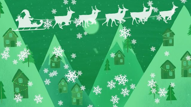 Animation of snowflakes and santa riding sleigh with reindeers over houses on mountains