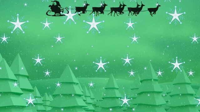 Animation of falling stars, santa riding sleigh with reindeers over trees against green background
