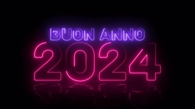 Buon anno 2024. Happy New Year 2024 greeting. Bright pink and purple neon glowing numbers. Text in Italian with floor reflection. Cosmic vibrant colours. Horizontal moving lines. Black background.