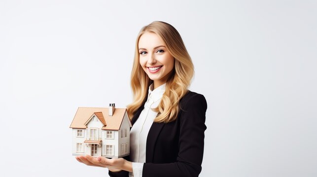 Woman real estate agent holding a tiny house in white background. AI generated image