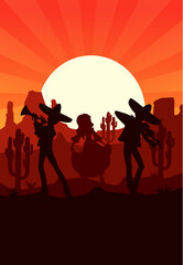 Sunset at Mexican desert. Silhouettes of dancing woman and mariachi musicians vector characters in sombreros playing trumpet and violin on desert landscape background with cactuses, mountains and sun