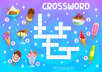 Crossword quiz game. Cartoon gelato ice cream, sundae and fruit juice ice pop, chocolate stick and vanilla cone. Vocabulary quiz, crossword puzzle vector worksheet with sundae jar frozen desserts