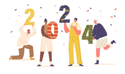 Group Of Excited Male and Female Characters Holding Large, Colorful Numbers 2024, Conveying Anticipation