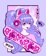Anime girl with skateboard. School girl print. Fashion teenagers illustration. Manga style woman long pink hair. Pretty young girl kawaii. space buns hairstyle. Skateboarder teen model. Skate queen