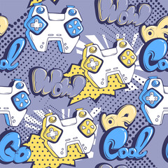 Seamless pattern with gamepads and Graffiti words Best, good, cool, go. Repeat lettering ornament. Gaming print with gamepad purple, blue, yellow colors. © Kseniia Koval