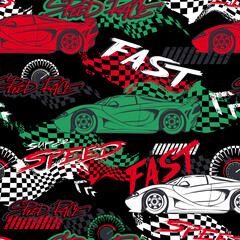 Abstract seamless cars pattern on grunge shape cracked background with shabby texture, arrow, dots,spray paint, ink. Childish style wheel auto repeated backdrop. Red automobile