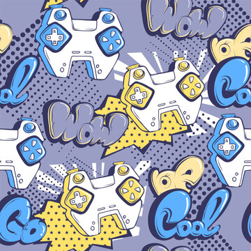 Seamless pattern with gamepads and Graffiti words Best, good, cool, go. Repeat lettering ornament. Gaming print with gamepad purple, blue, yellow colors.