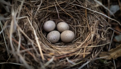 Naklejka na ściany i meble Photo of Three Colorful Eggs Nestled in a Natural Nest on the Forest Floor