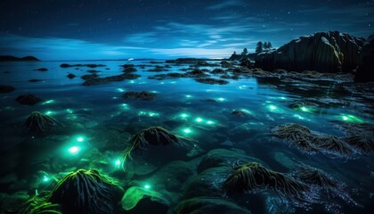 Fototapeta na wymiar Photo of a Serene Night Scene With Floating Green Lights Reflecting on Water