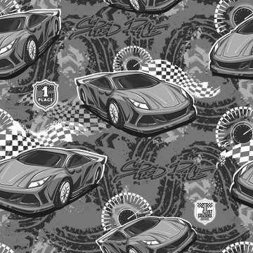 Grey monochrome seamless pattern with sport car, tire tracks background, speedometer, arrow sign. Racing ornament. Vehicle print. auto cover ornament