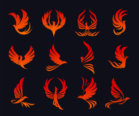 Phoenix bird symbol or emblem. Infinity and freedom magic animal symbol, creativity concept or business company vector sign or emblem. Hot phoenix fantasy bird graphic red tattoo or icons set