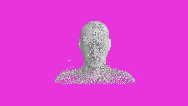 Animation of dots forming human representation against pink background
