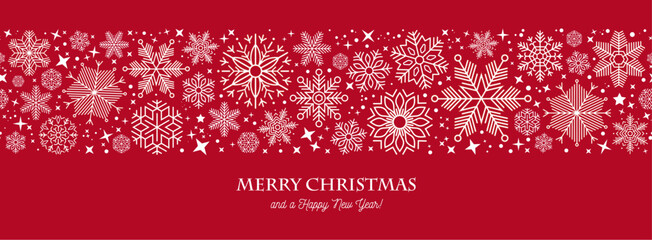 White and red seamless snowflake border, Christmas design for greeting card. Vector illustration, merry xmas snow flake header or banner, wallpaper or backdrop decor - 673952645