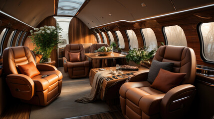 luxury interior in the modern business jet and sunlight at the window/sky and clouds through the porthole.