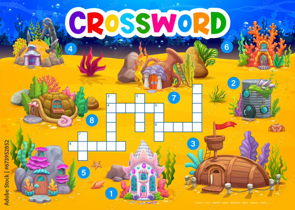 Wall mural cartoon underwater crossword quiz game worksheet, undersea landscape with house buildings, vector gr