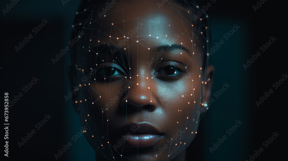 Poster a person's face marked with deepfake data points