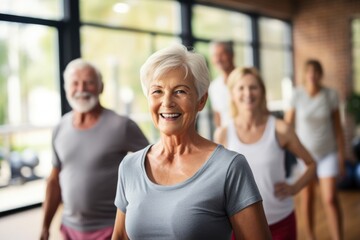 Elderly men and women, full of energy, working out as a community at the local fitness center